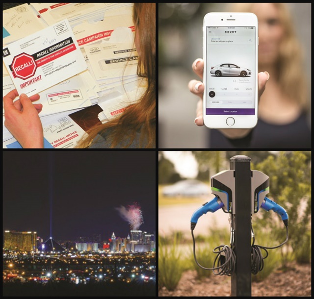 (Clockwise l to r) Rental companies react to the effect of the Safe Rental Car Act; Skurt is a new business model that delivers rental cars via a mobile app; the 2016 International Car Rental was held at Bally's in Las Vegas; Hertz offers EV charging to employees at its corporate headquarters as part of its sustainability efforts.