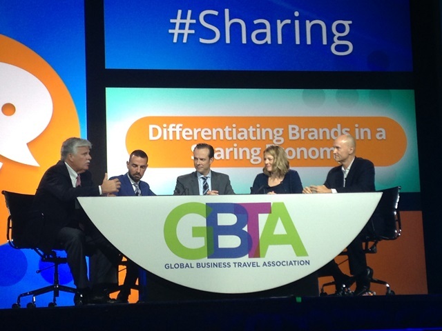 Enterprise Holdings Chief Strategy Officer Greg Stubblefield (left) joined Rufino Pérez Fernández, chief commercial officer of NH Hotel Group; panel moderator Guy Langford, vice chairman of Deloitte; Kaye Ceille, president of Zipcar; and Chip Conley, head of global hospitality and strategy of Airbnb, to discuss how to differentiate brands in the sharing economy. Photo courtesy of Enterprise Holdings.